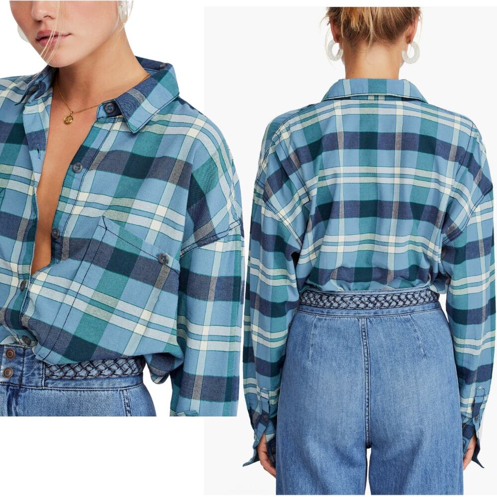 Free People Loveland Plaid Shirt Blue Raw Hem Oversize Size XS Button Up Boho - Picture 2 of 13
